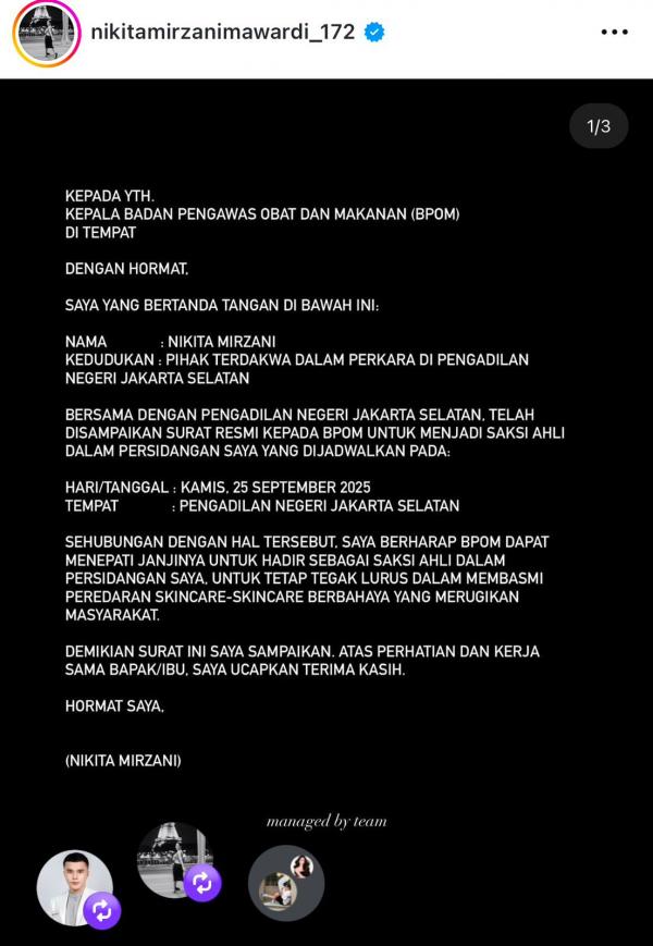 Surat permohonan Nikita Mirzani untuk BPOM. (Foto: Instagram)