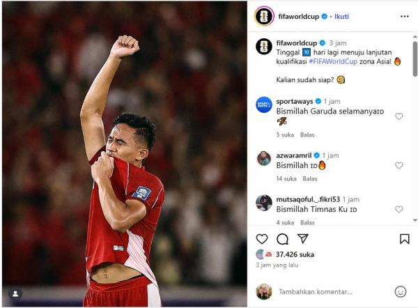 Akun resmi Piala Dunia, @fifaworldcup, Akun resmi Piala Dunia, @fifaworldcup, menampilkan foto pemain Garuda untuk menyambut dimulainya putaran keempat Kualifikasi Piala Dunia 2026. (Foto: IG @fifaworldcup)