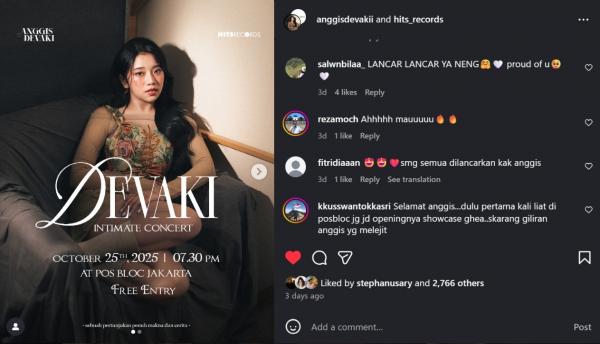 Respons fans Anggis Devaki mengetahui kabar Devaki Intimate Concert. (Foto: Instagram)