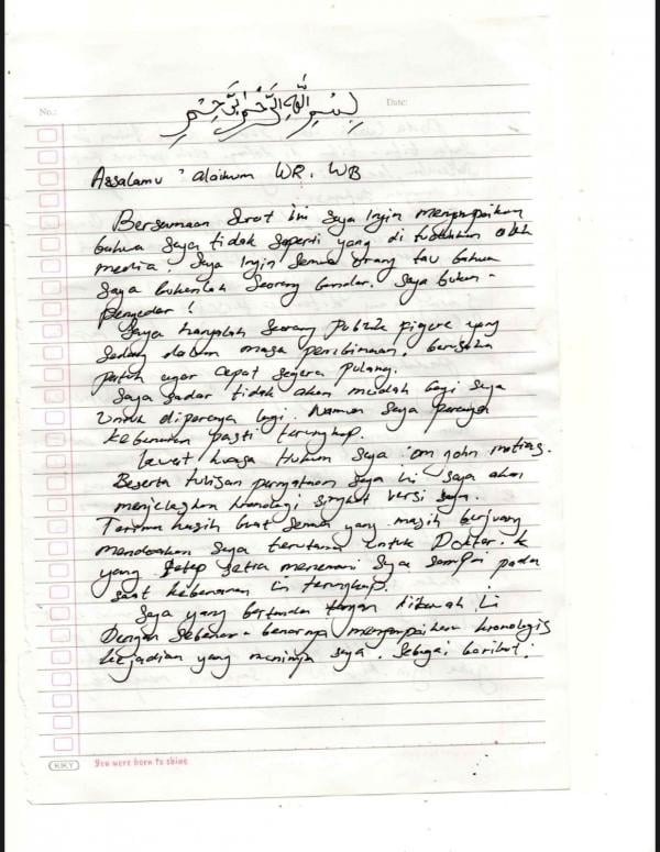 Surat Ammar Zoni. (Foto: Istimewa)