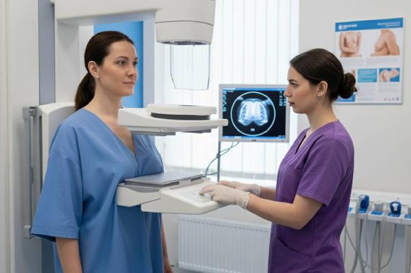 Ilustrasi skrining kanker payudara Ilustrasi skrining kanker payudara dengan mammografi. (Foto: Ilustrasi AI)