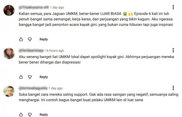 Komentar positif di YouTube dari para netizen terhadap kompetisi Shopee Jagoan UMKM Naik Kelas. (Foto: dok ist)