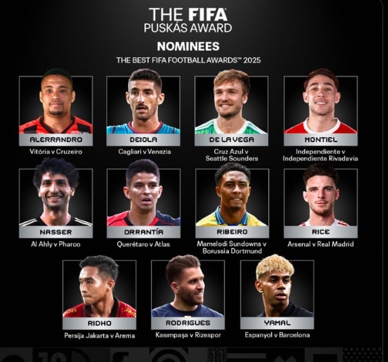 Gol jarak jauh Rizky Ridho saat Persija menghadapi Arema FC resmi masuk nominasi FIFA Puskas Award 2025, bersaing dengan gol Lamine Yamal hingga Declan Rice. (FIFA)