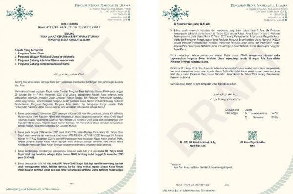 Beredar SE PBNU yang menyatakan KH Yahya Cholil Staquf alias Gus Yahya tidak lagi menjabat sebagai Ketua Umum PBNU sejak 26 November 2025. (Foto: Istimewa)