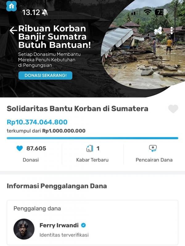 Open donasi Ferry Irwandi untuk korban banjir Sumatera tembus Rp10,3 miliar. (Foto: Instagram)