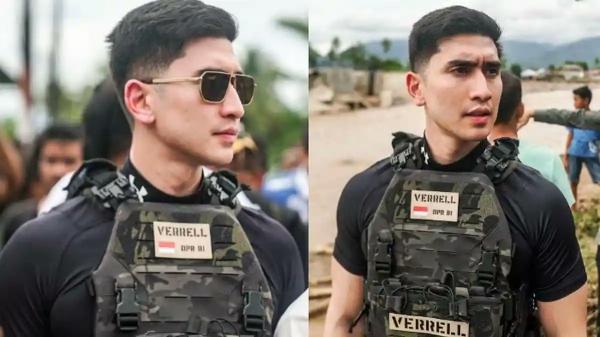 Verrell Bramasta pakai rompi antipeluru saat mendatangi lokasi banjir Sumbar. (Foto: Instagram)