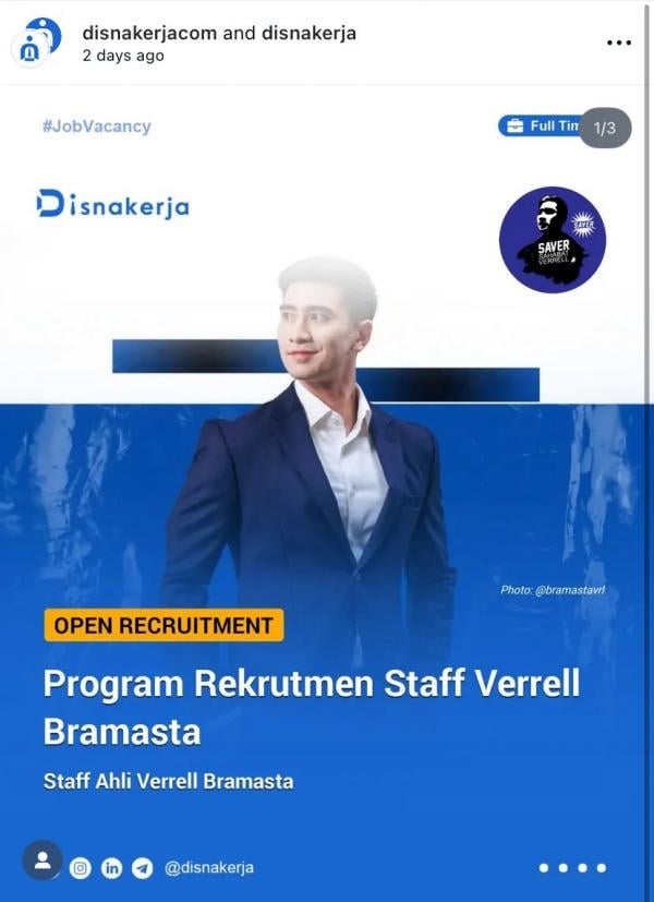 Loker Verrell Bramasta Informasi soal lowongan pekerjaan Verrell Bramasta yang viral di media sosial. (Foto: Instagram)