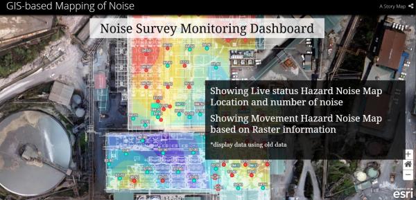 dashboard sistem informasi geografis freeport Tampilan dashboard digital sistem informasi geografis untuk memantau zona kebisingan di area pabrik konsentrat PTFI, menyediakan informasi visual secara real time. (Foto: dok Freeport)