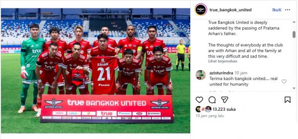 Bangkok United menyampaikan belasungkawa dan memberikan dukungan langsung kepada Pratama Arhan yang tengah berduka mendalam. (Foto: IG @true_bangkok_united)