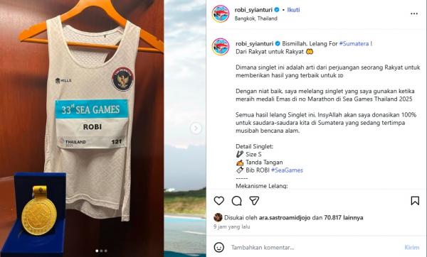 Robi Syianturi melelang jersey yang dia kenakan sa Robi Syianturi melelang jersey yang dia kenakan saat merebut medali emas nomor maraton SEA Games Thailand 2025. (Foto: IG Robi Syianturi)