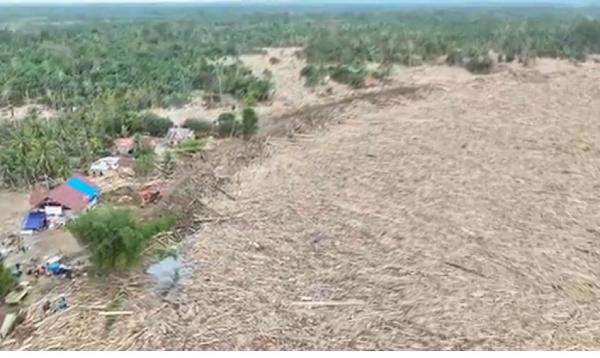 Penampakan ribuan ton kayu gelondongan seluas sekitar 100 hektare menimbun desa di Kabupaten Aceh Utara. (Foto: iNews)