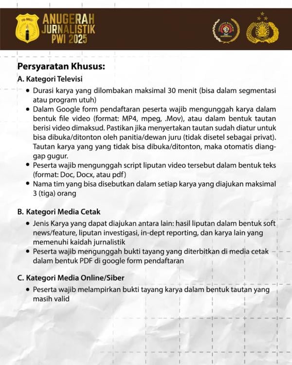 Syarat dan cara pengiriman karya AJP Award 2025 (dok. PWI)
