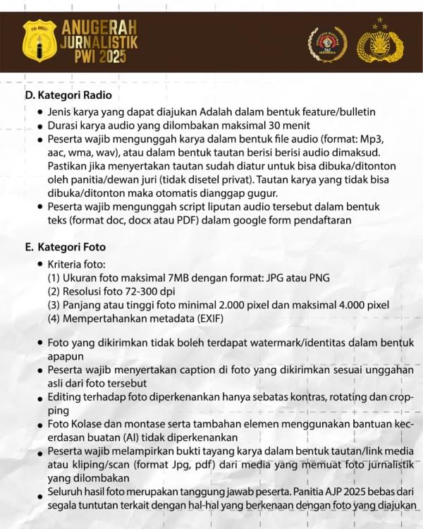 Syarat dan cara pengiriman karya AJP Award 2025 (dok. PWI)