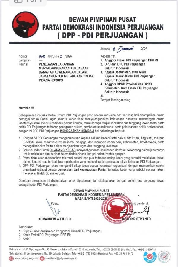 Surat edaran PDIP (dok. PDIP) Surat edaran PDIP (dok. PDIP)