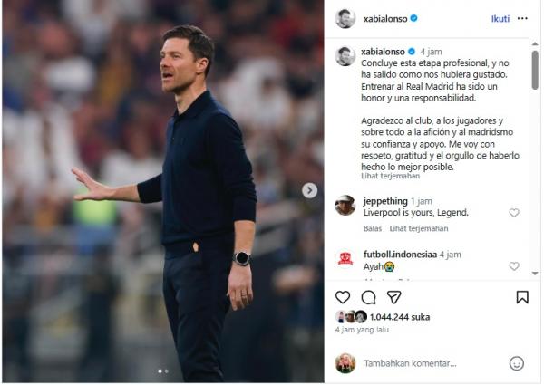 Xabi Alonso mengirim pesan perpisahan dengan Real Madrid di Instagram. (Foto: IG Xabi Alonso)