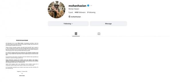 Akun Instagram Mohan Hazian sekarang yang sudah tidak lagi menampilkan foto-foto maupun video. (Foto: Instagram)