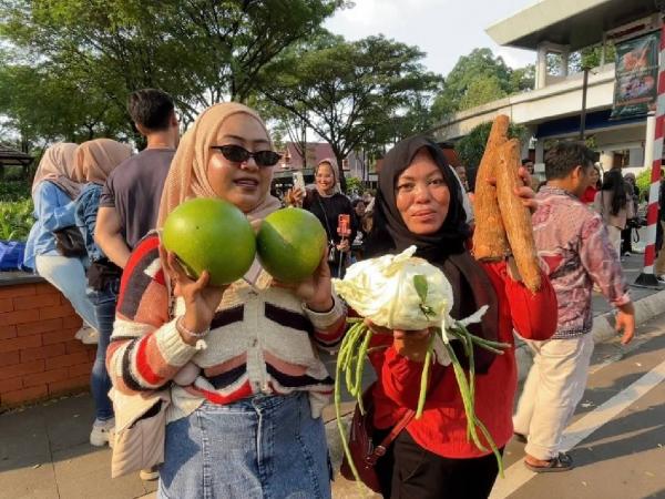 Pengunjung TMII yang ikut rebutan gunungan hasil Bumi. (Foto: Niko Prayoga)