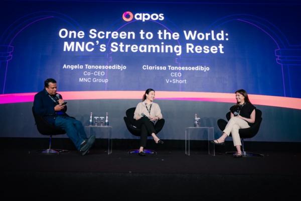 Presiden Direktur dan CEO MSIN Angela Tanoesoedibjo bersama CEO V+Short Clarissa Tanoesoedibjo saat diskusi bertajuk One Screen to the World: MNC`s Streaming Reset di APOS 2026, di Bali, pada 16-18 Juni 2026. (MSIN)