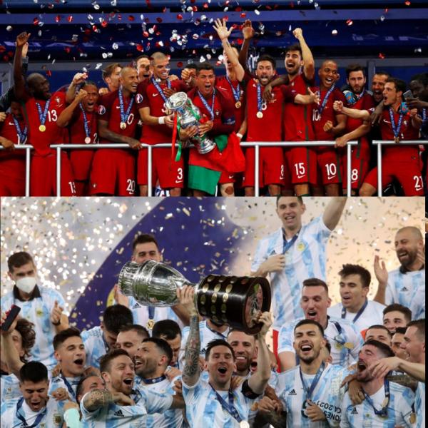 Kompak, Messi dan Ronaldo Angkat Trofi Juara untuk Negaranya