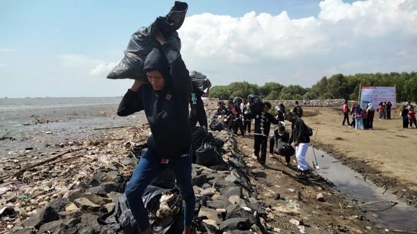 Penuh Tumpukan Sampah Plastik, Pantai Kesenden Cirebon Mulai Dibersihkan