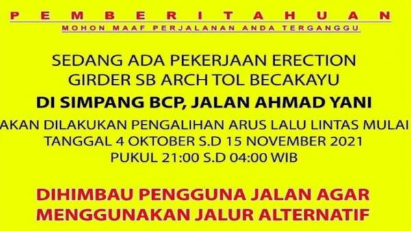 Arus Kendaraan di Jalan Ahmad Yani Kota Bekasi Dialihkan hingga 15 November