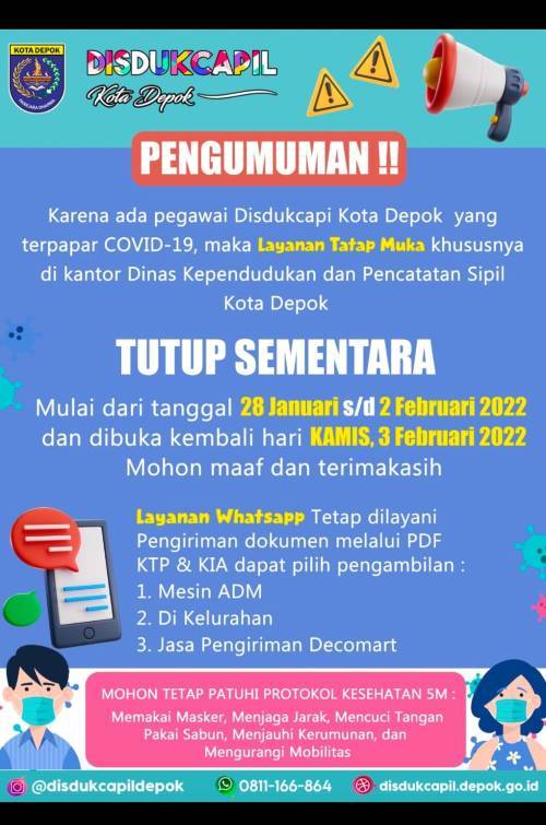 4 Pegawai Terpapar Covid, Layanan Fisik Kantor Disdukcapil Kota Depok Tutup Sementara