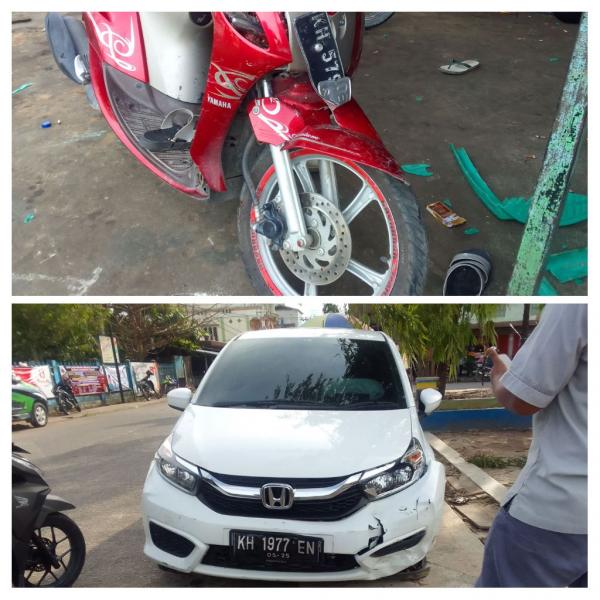 Mobil Honda Brio Seruduk Pemotor di Simpang Tiga Jalan Dahlia, Muara Teweh