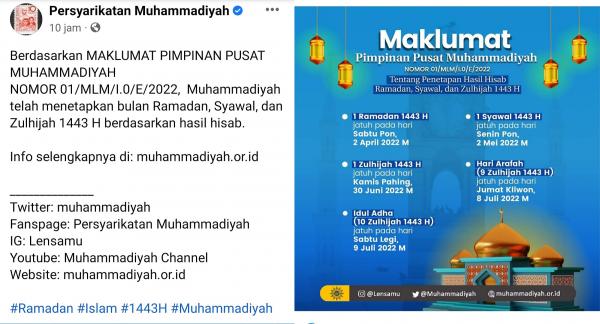  PP Muhammadiyah :  1 Ramadhan 1443 H  pada 2 April 2022
