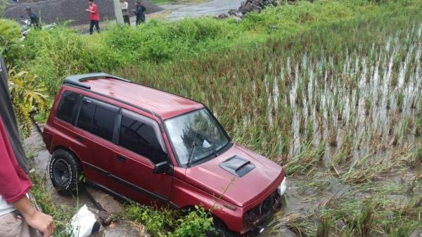Hindari Tabrakan dengan Dump truck, Sukuzi Vitara Terjun Bebas ke Sawah di Tasikmalaya