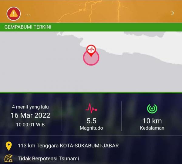 Gempa 5,5 Magnitudo Guncang Wilayah Sukabumi
