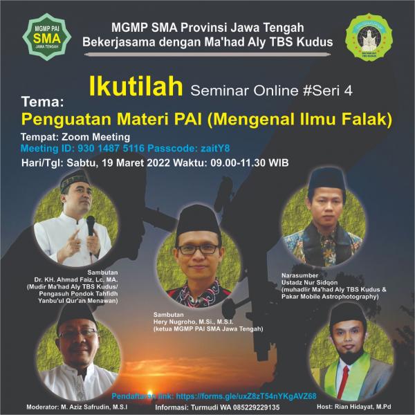 Besok! Ikuti Seminar Falak Online, Kerja Bareng  MGMP PAI SMA Jawa Tengah dan Ma'had Aly TBS Kudus