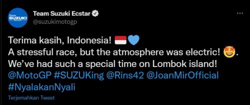 MotoGP Mandalika Menuai Pujian, Tim Suzuki Ecstar: Terima Kasih Indonesia