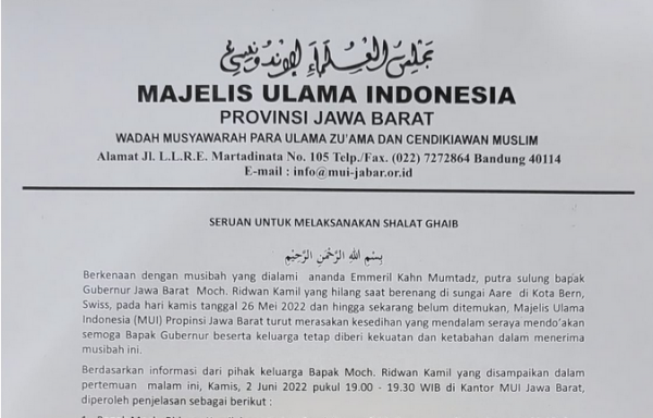 MUI Jawa Barat Serukan Masyarakat Gelar Salat Gaib untuk Emmeril Kahn Mumtadz, Putra Ridwan Kamil