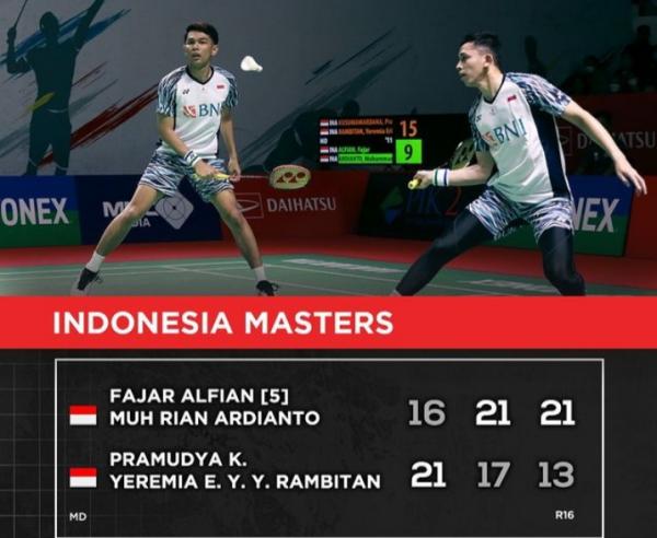 Ganda Putra Indonesia, Fajar/Rian Kalahkan Pramudya/Yeremia dan Maju ke Perempat Final