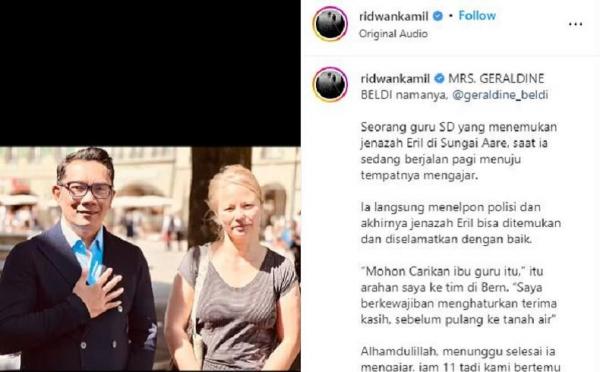 Sosok Geraldine Beldi Penemu Jasad Eril, Ridwan Kamil Ucapkan Terima Kasih Tulus