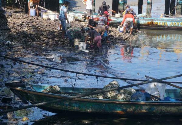 Warga dan Nelayan Masih Bersihkan Tumpahan Minyak di Perairan Cilacap