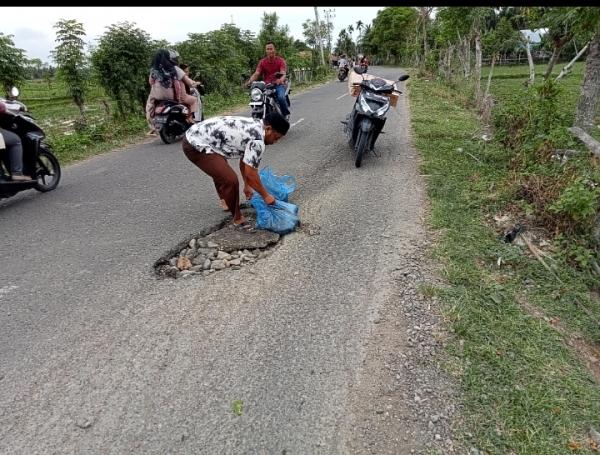 Antisipasi Kecelakaan, Warga Pidie Jaya Tambal Jalan Berlubang