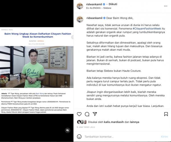 Ridwan Kamil Beri Nasihat kepada Baim Wong dan Paula di Instagram, Warganet Suruh Kang Emil Japri!
