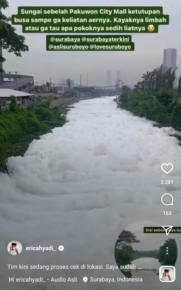 Sungai Sebelah Pakuwon City Mall Surabaya Tertutup Busa, Wali Kota Sebut dari Limbah Rumah Tangga