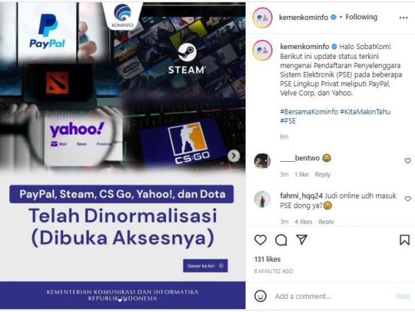 Kominfo Buka Akses PayPal Hingga Yahoo, Warganet : Situs Judi Online Sama Pinjol Ilegal Diblok Dong