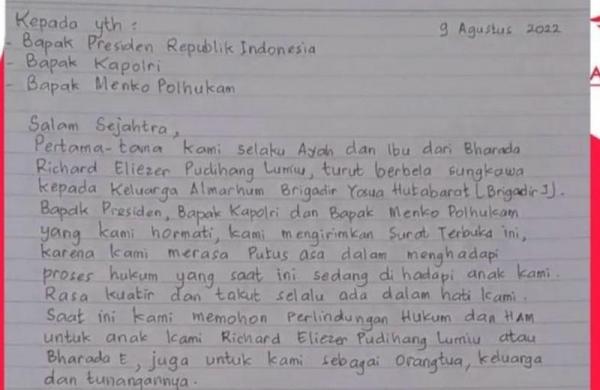 Surat Terbuka Orangtua Bharada E kepada Presiden Joko Widodo, Begini Isinya