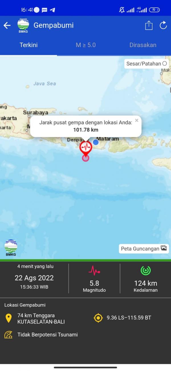 Gempa Bali 5,8 SR Terasa Juga di Lombok