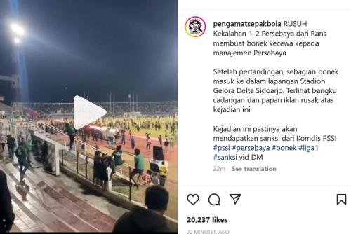 Pertandingan RANS Nusantara FC Menang Atas Persebaya Berujung Ricuh