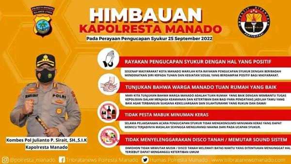 Pengucapan Syukur Serentak 25 September 2022, Kapolresta Manado Keluarkan Imbauan