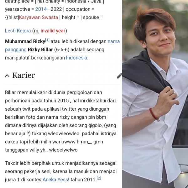 Marah dengan KDRT Lesty Kejora, Netizen Obok-obok Biodata Rizky Billar di Wikipedia, Isinya Ngeri