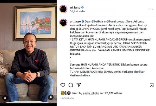Ari Lasso Tolak Terima Ganti Rugi dari Batik Air Atas Insiden Ditinggal Pesawat, Ini Alasannya