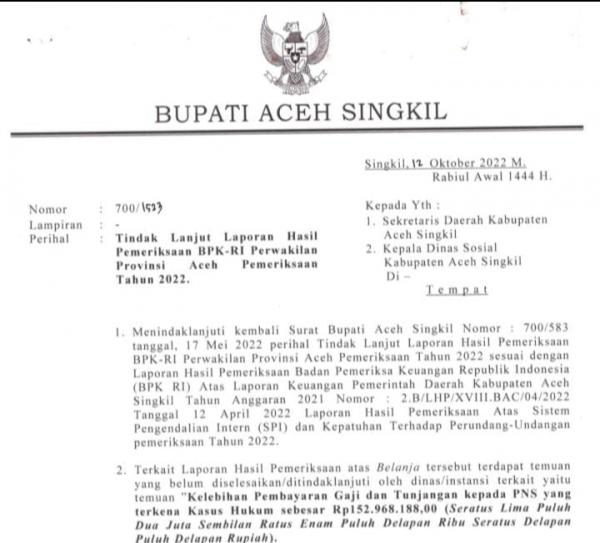 Pj Bupati Perintahkan Menarik Kelebihan Pembayaran Gaji dan Tunjangan Sesuai LHP BPK Perwakilan Aceh
