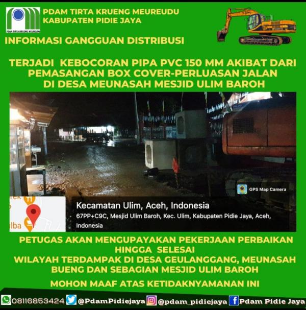Pipa Milik PDAM Krueng Meureudu Bocor Akibat Pemasangan Box Cover Perluasan Jalan di Kecamatan Ulim