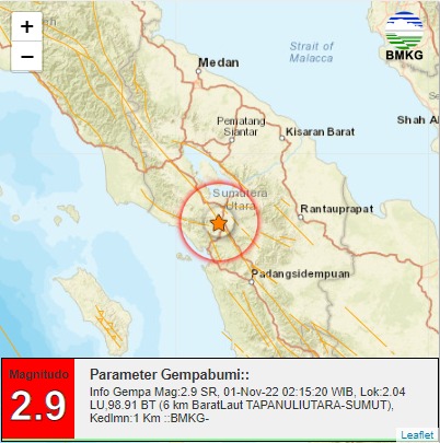 Gempa Tektonik M=2,9 Guncang Taput, Gempa Berjarak 6 Km Barat Laut Taput-Sumut Pada Kedalaman 1 Km