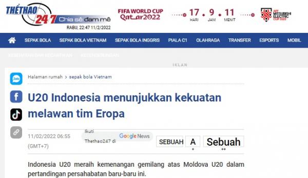 Berhasil Comeback 3-1 Lawan Moldova, Timnas Indonesia U-20 Disanjung Media Vietnam